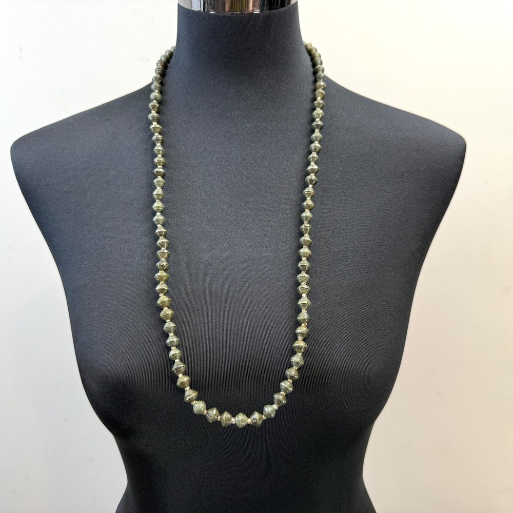 VTG Long Paper Rolled Beaded Necklace Green Glazed Clear Beaded Clasp Jewelry